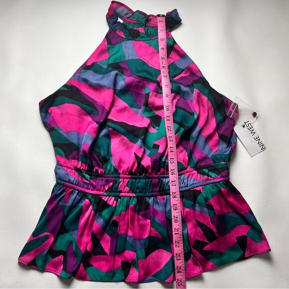 Nine West Women’s High Neck Floral Prism Elastic Waist Peplum Style Blouse Sz L - Picture 2 of 12